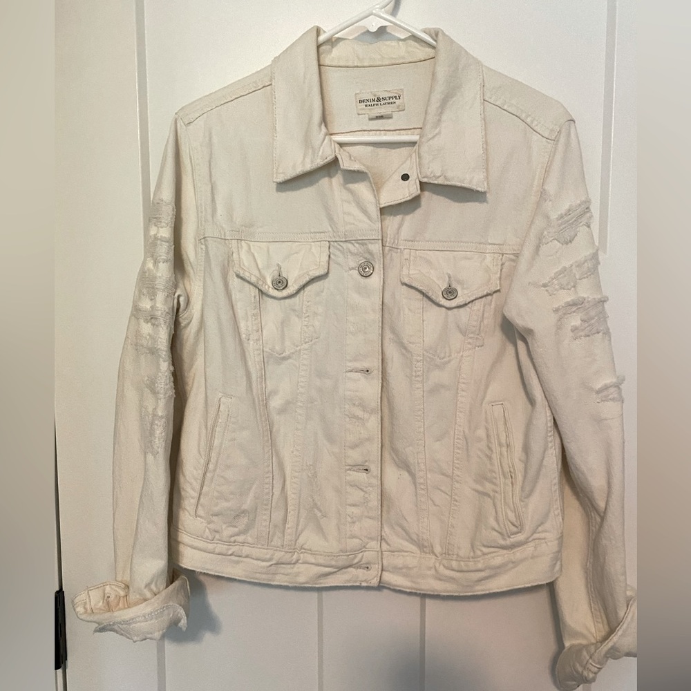 Ralph Lauren  Denim and‎ supply, vintage, cream distressed jean jacket Size L